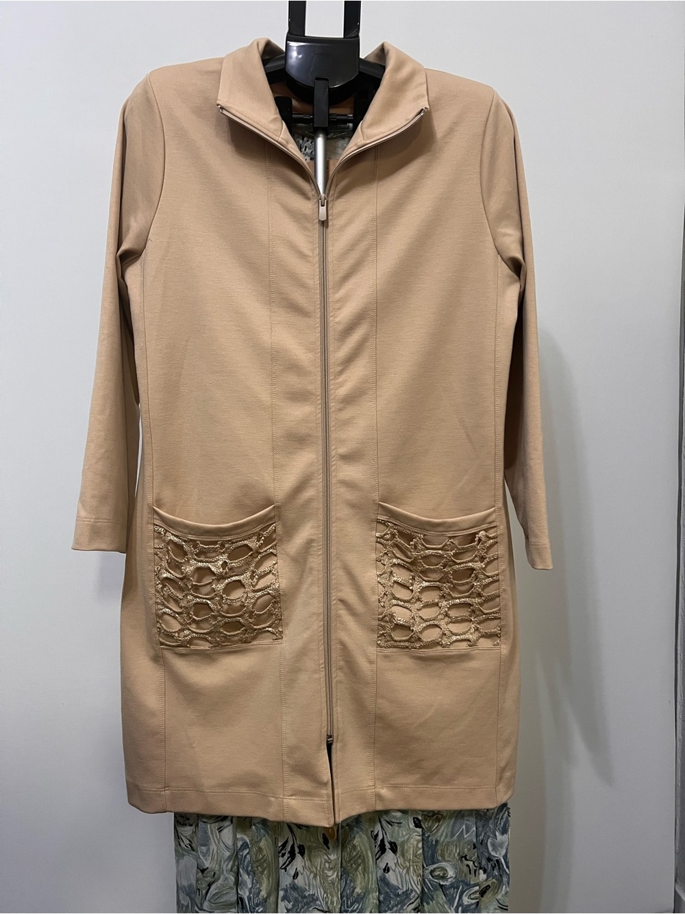 SeeYou European Longline Jacket Metallic Crochet Pockets Beige 8/10